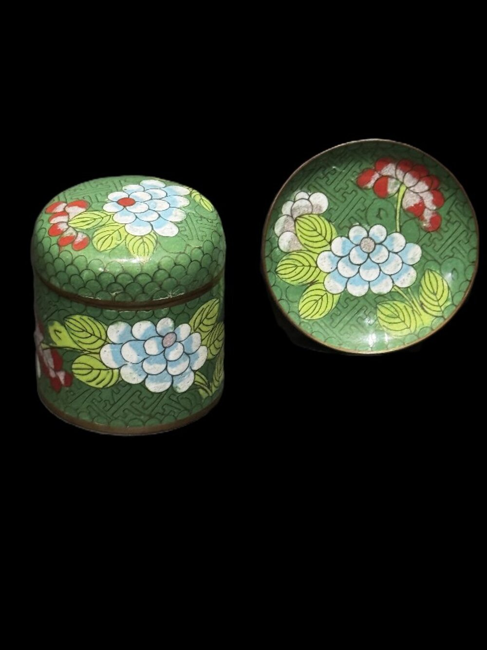 Chinese Cloisonné Lidded Box and Trinket Dish Set, Antique Republic Period 1920s
